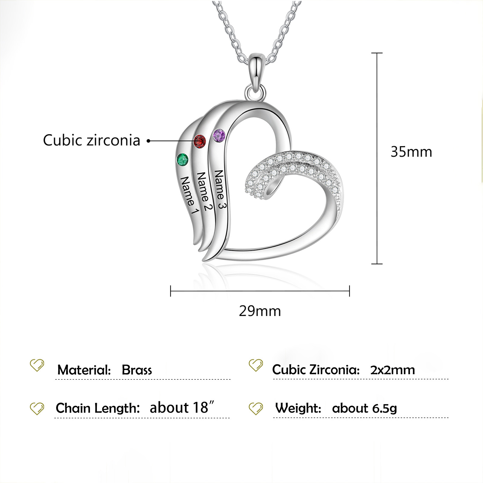 Mementos Personalized Brass Family Necklace for Women (Mother) with 3 Birthstones and Names