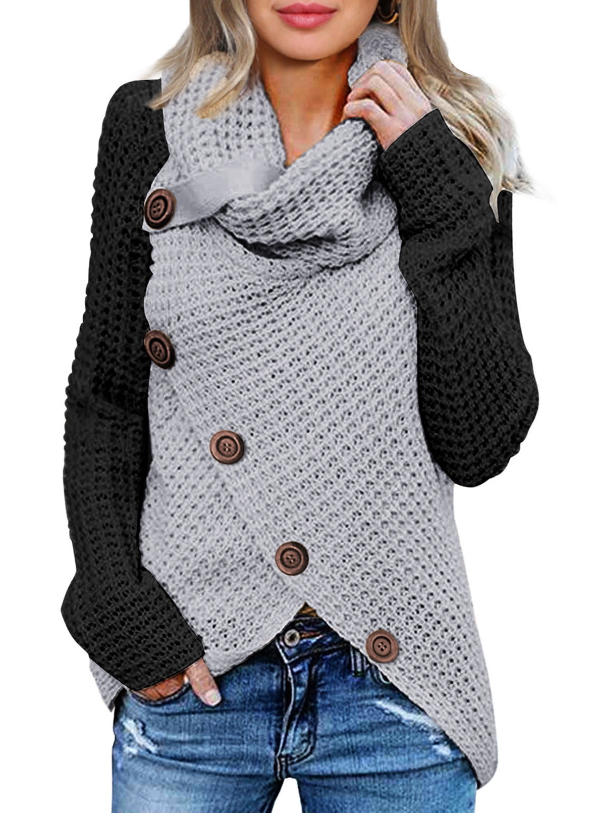 Dokotoo Womens Chunky Turtle Cowl Neck Jumper Wrap Asymmetric Hem Sweater Pullover with Button Details