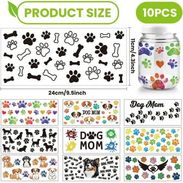 10 Pcs Animals UV DTF Cup Wrap Transfer Sticker 10 Styles Dog Mama Words Transfer Paper Paw Prints Rub on Stickers PVC Cup Wrap Waterproof Rub Decals for Glass 24x11cm/9.4x4.3inch