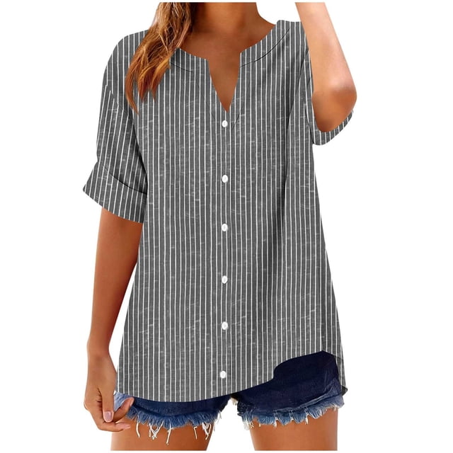 Camisetas Casuales de Manga Corta con Cuello en V Impreso Botón de Verano Suelto Y de Moda