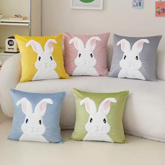 Kdkad Easter Bunny Pillow Cover 18x18 Inch, Cute Rabbits Printed Flocked Cushion Cover with Invisible Zipper, Soft Decorative Throw Pillowcase for Sofa Couch Bed, Washable