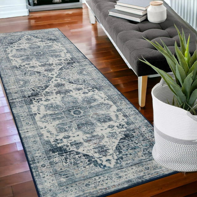 Twister.CK Machine Washable Runner Rug, 2' x 6' Floral Carpet, for Bedroom, Entry Way, Nursery, Blue