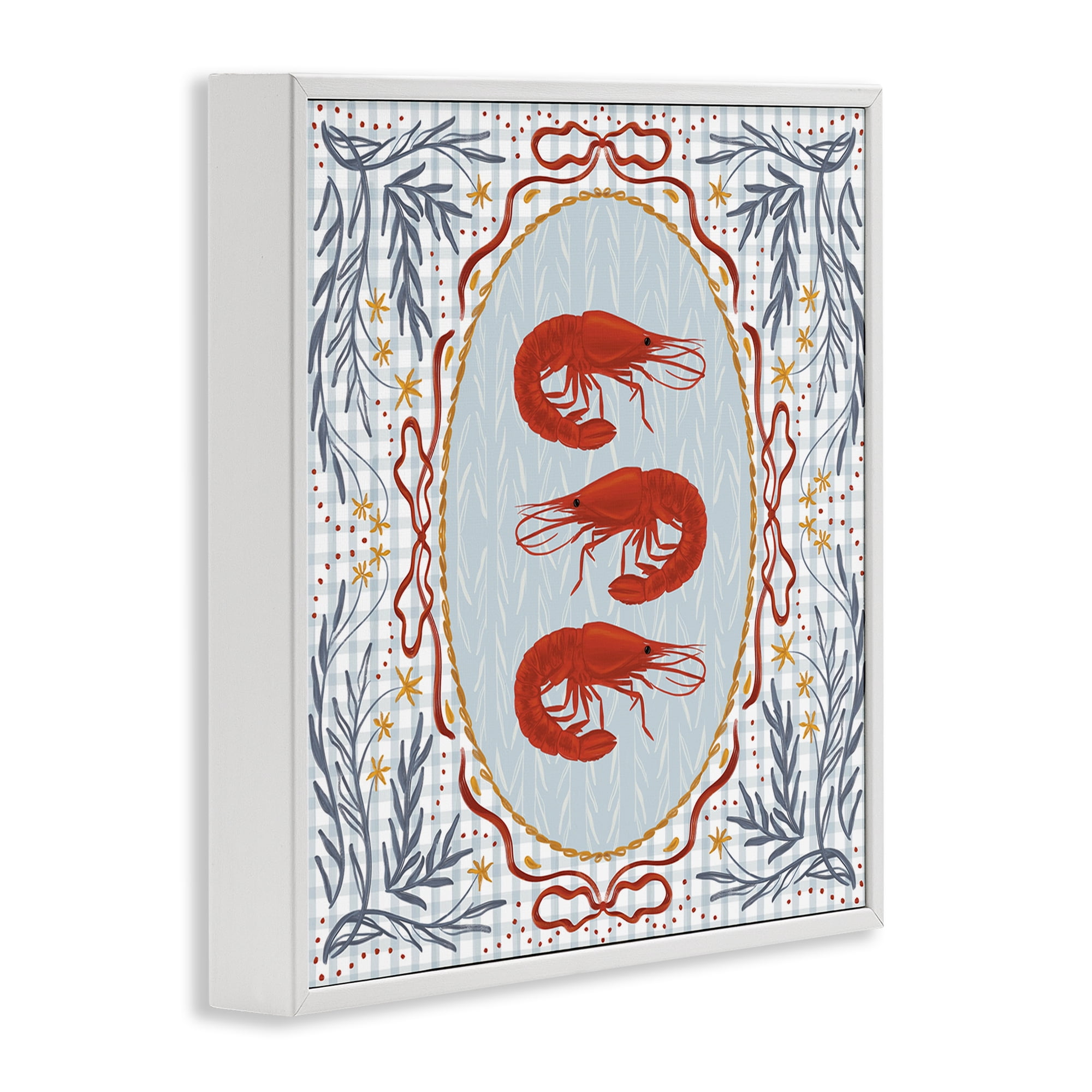 Stupell Industries Prawn Trio on Blue Gingham White Framed Giclee Art, design by Vero Illustrates