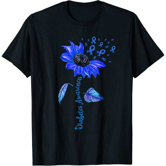 Sunflower Diabetes Awareness Support Blue Ribbon T1D Type 1 T-ShirtMen's and women's gift, black and white T-shirt, size: Extra large S-4XL