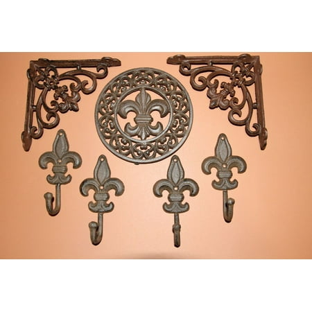 

Southern Comfort Fleur De Lis Coat Hooks Shelf Brackets Plaque Cast iron 7 pcs