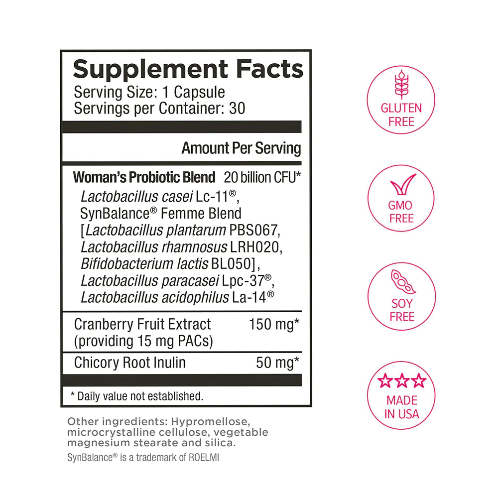 O-Shot Synbiotic Women’s Probiotic with Cranberry Extract, 30 Vegetable Capsules