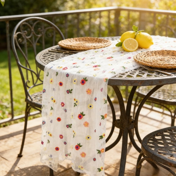 Alaparte Floral Lace Table Runner 72" Embroidery Tulle Spring Wildflower Ivory White Table Runner Seasonal Summer Butterfly Kitchen Dining Gauze Decoration for Wedding Birthday Party