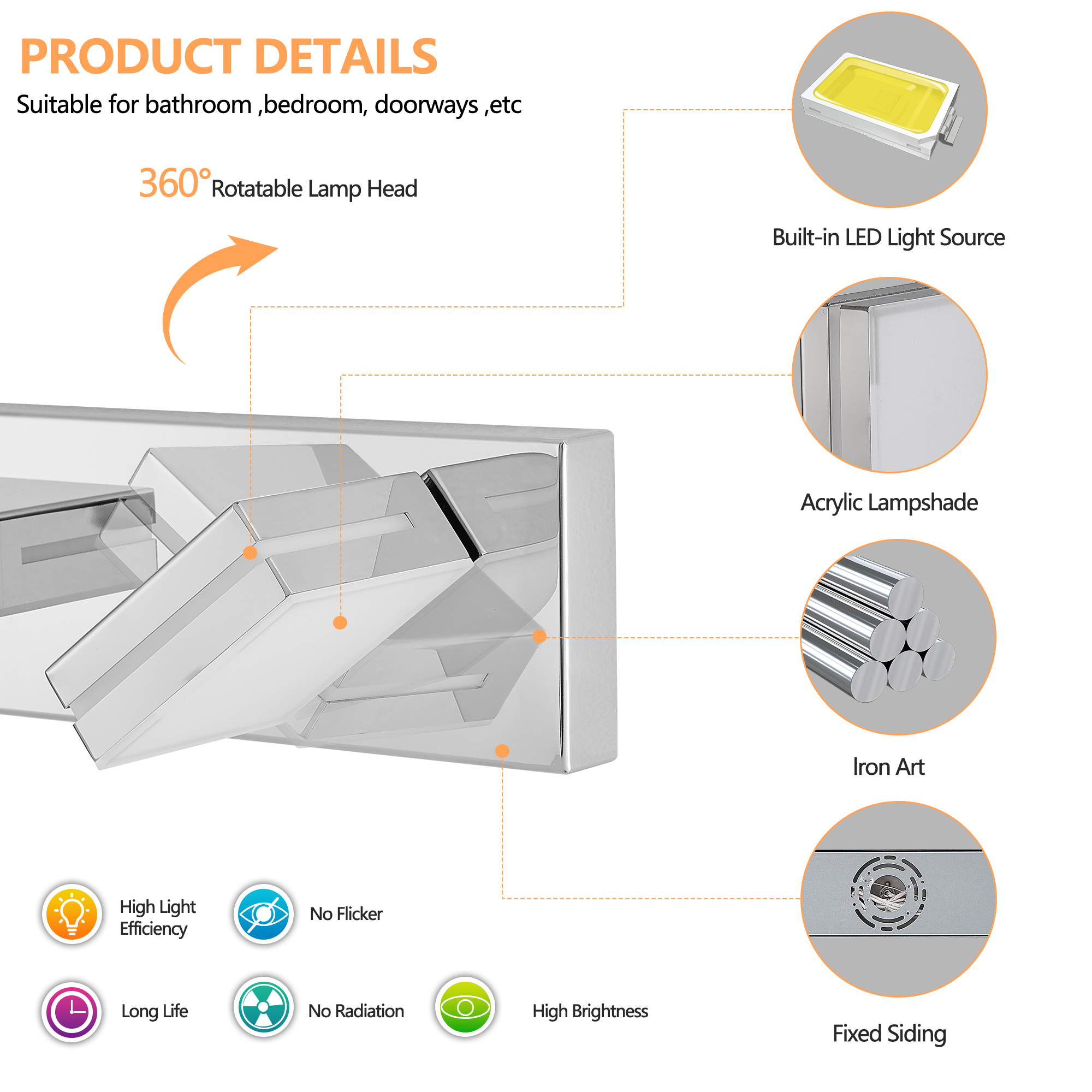 Leumius Modern 6-Light LED Vanity Light, Sleek Minimalist Design, Energy-Efficient, Easy to Install Wall Sconce for Mirror, Bathroom, Bedroom and Hallway Chrome