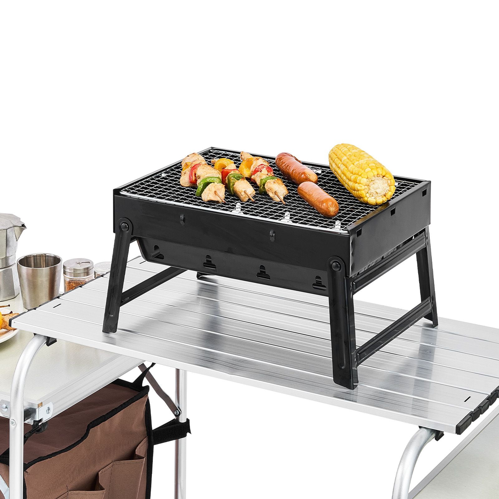 Portable Folding Cook Table for BBQ, Party and Camping, Outdoor 2-Tier Kitchen with Zippered Bag, Brown