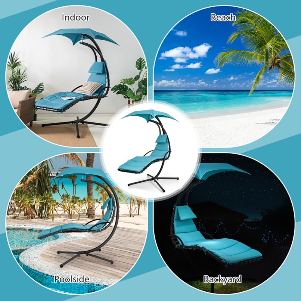 Aimee Lii Hanging Curved Steel Swing Chaise Lounger with Removable Canopy, Patio Loungers, Turquoise