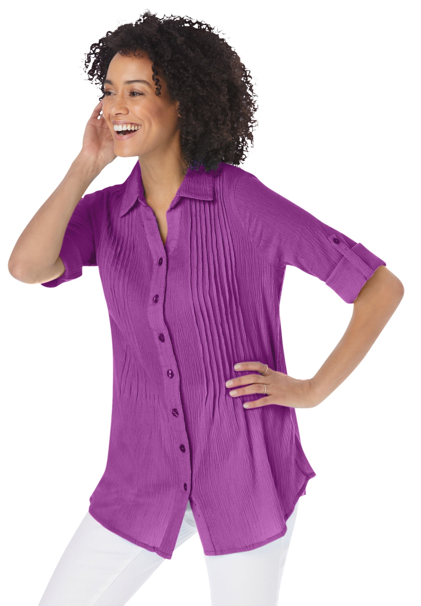 Woman Within Women's Plus Size Pintucked Button Down Gauze Shirt Shirt