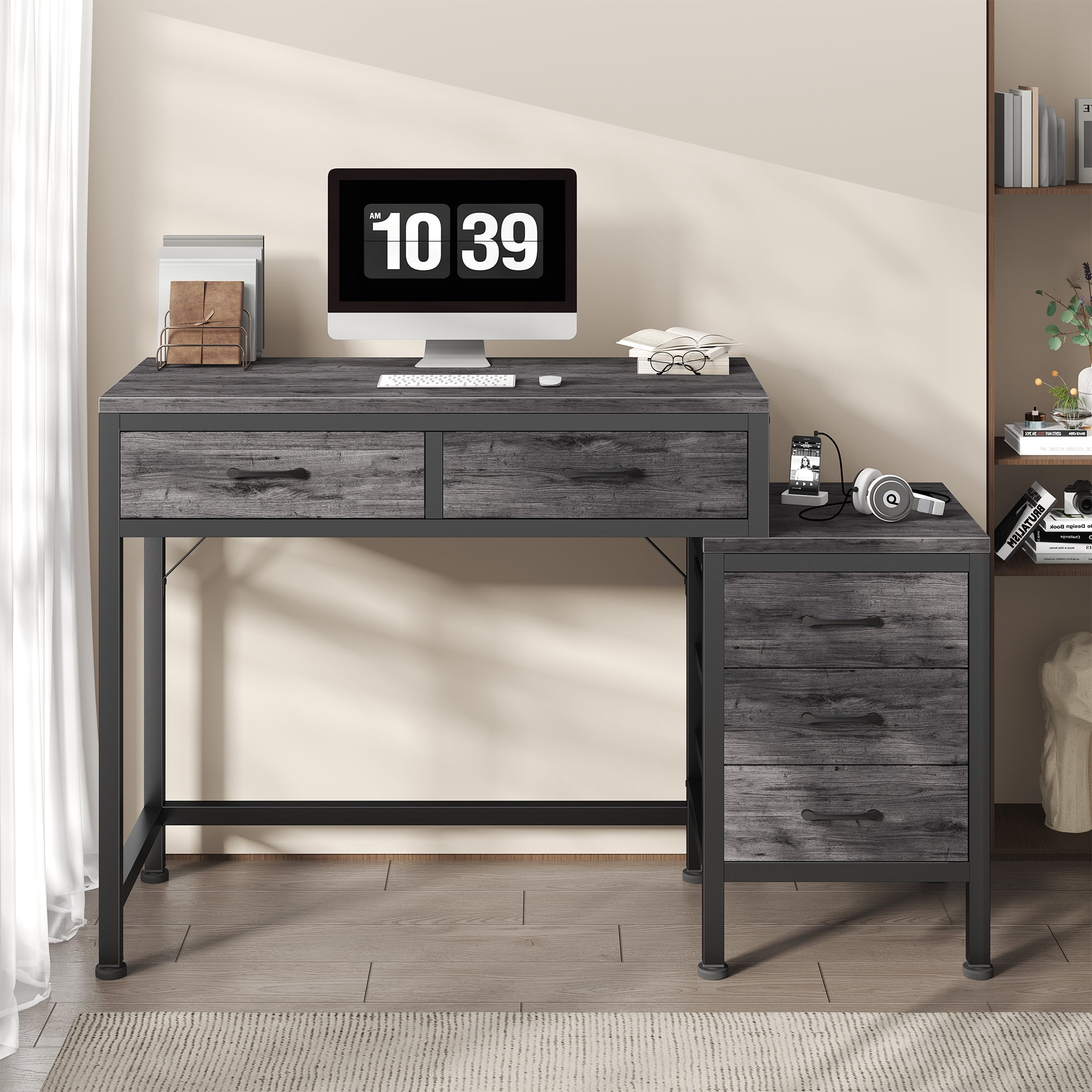 IULULU 51inch Computer Desk with 5 Drawers, Woodtop Desk of Small Spaces, Modern Style for Home Office, Gray