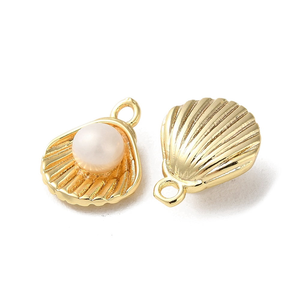 Brass Charms with Imitation Pearl Beads Shell Shape Charms Real 18K Gold Plated 10.5x8.5x4.5mm Hole: 1mm