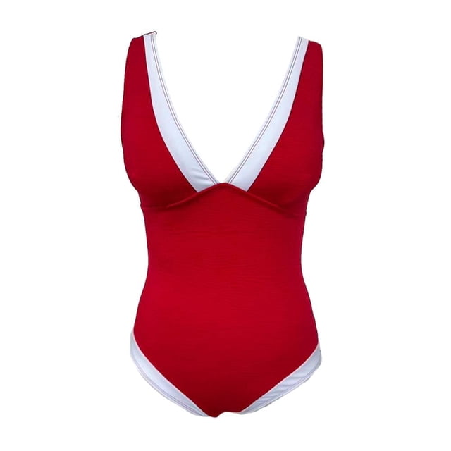 Traje de Baño Ocean Pacific para Mujer Completo con Textura, Escote en V con Contraste Rojo Talla G