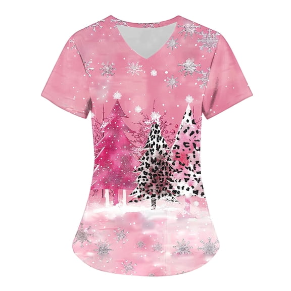 Holiday Gifts! Titcea Christmas Scrub Tops Women Xmas Tree Printed Short Sleeved V Neck Scrub Tops with Pockets Lightweight Stretchy Working Uniform