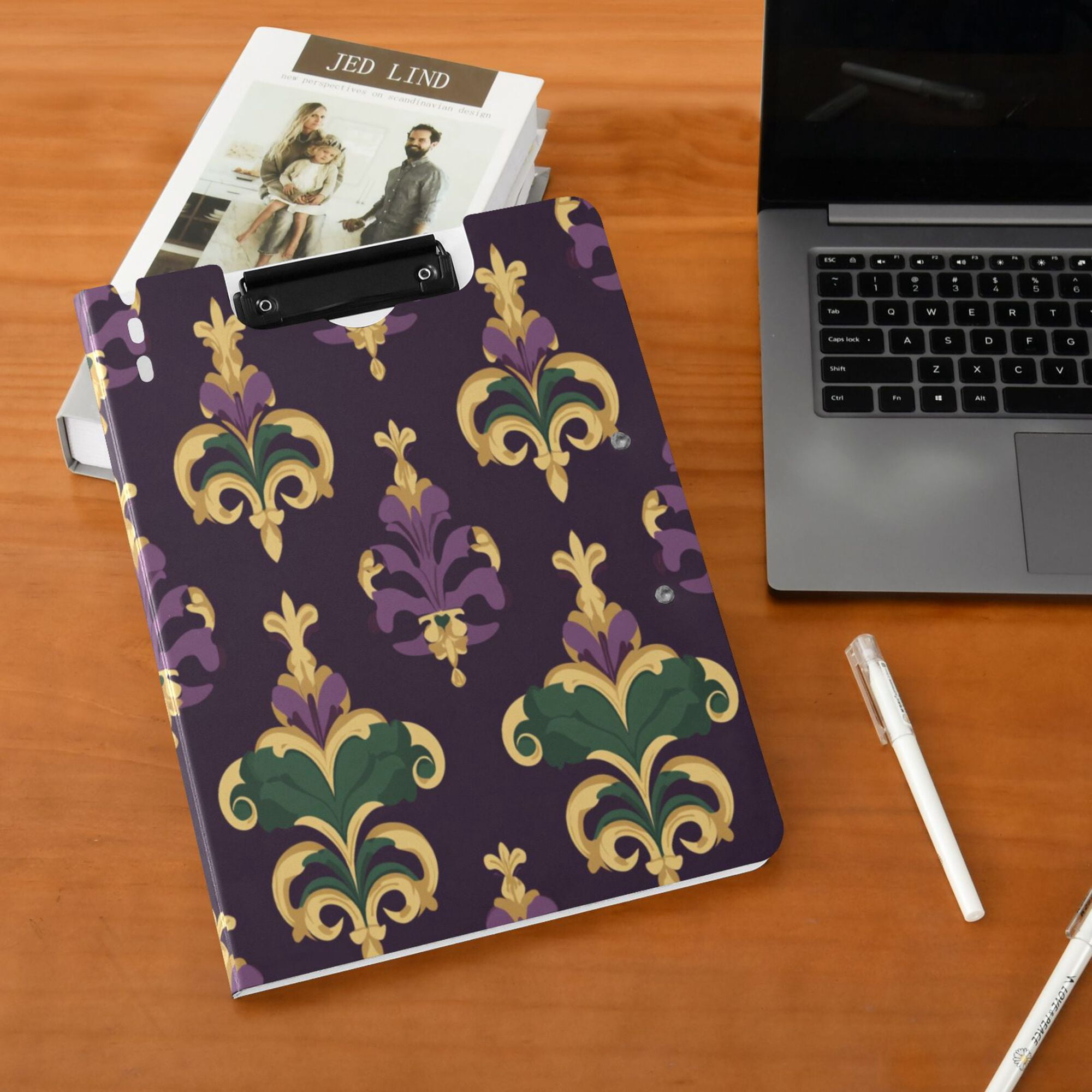 FORMRS A4 Clipboard Folder with Pen Holder Horizontal Foldable School Office Binder, Gold and Purple Floral Pattern