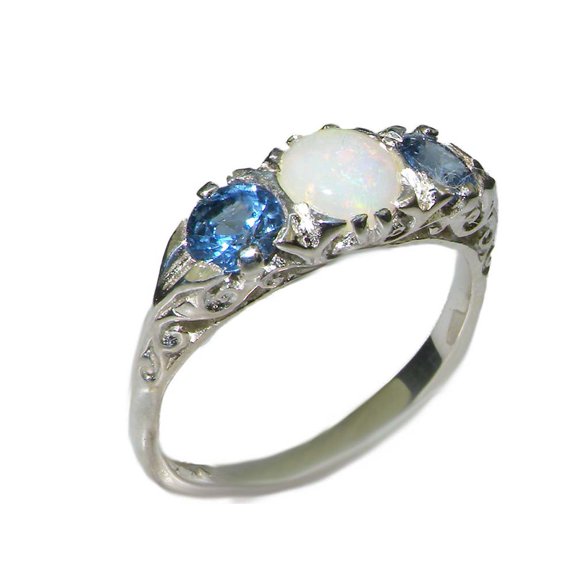 LBG British Made VINTAGE style Solid 10K White Gold Natural Opal & Blue Sapphire Trilogy Ring