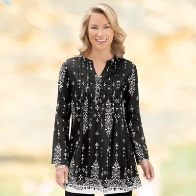 Paisley Border Pintuck Tunic Shirt w/ V-Neckline & Pleated Bust, Black, (Best Clothes For Large Bust)