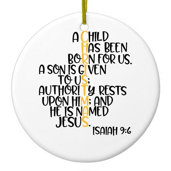 DistinctInk Hanging Ceramic Christmass Tree Ornament with Gold String - Great Gift / Present - 2 3/4 inch diameter - Christmas - Isaiah 9:6 - Black Yellow