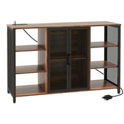HOMCOM LED Wine Cabinet with Charging Station Glass Holders, Rustic Brown