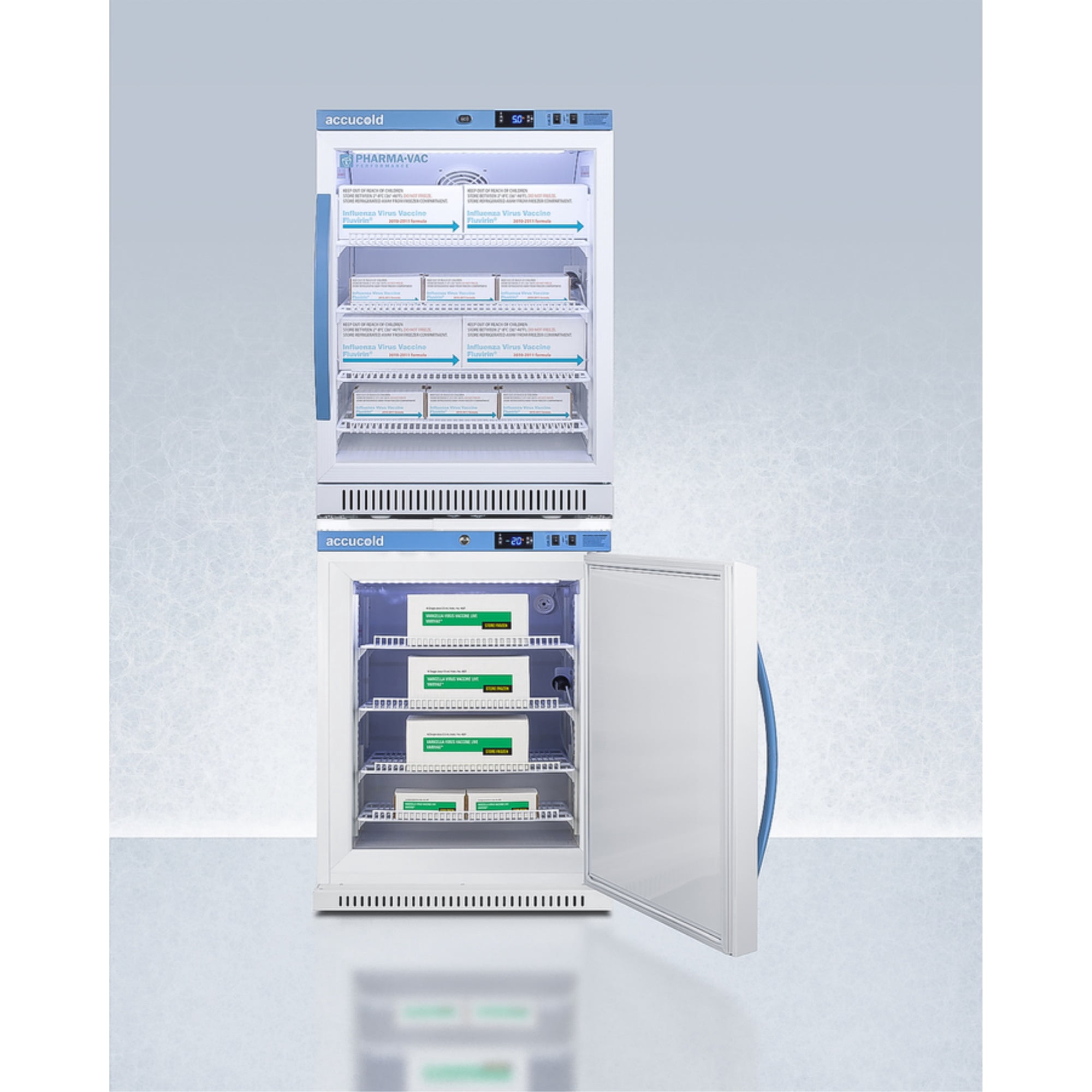 Performance Series Pharma-Vac stacked vaccine refrigerator/freezer combination