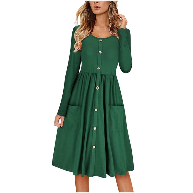 Lovzfmll Robe Maxi Trapèze pour Femme, Mode, à Volants, Unie, Élégante, à Manches Longues, Col Rond, Verte, TG