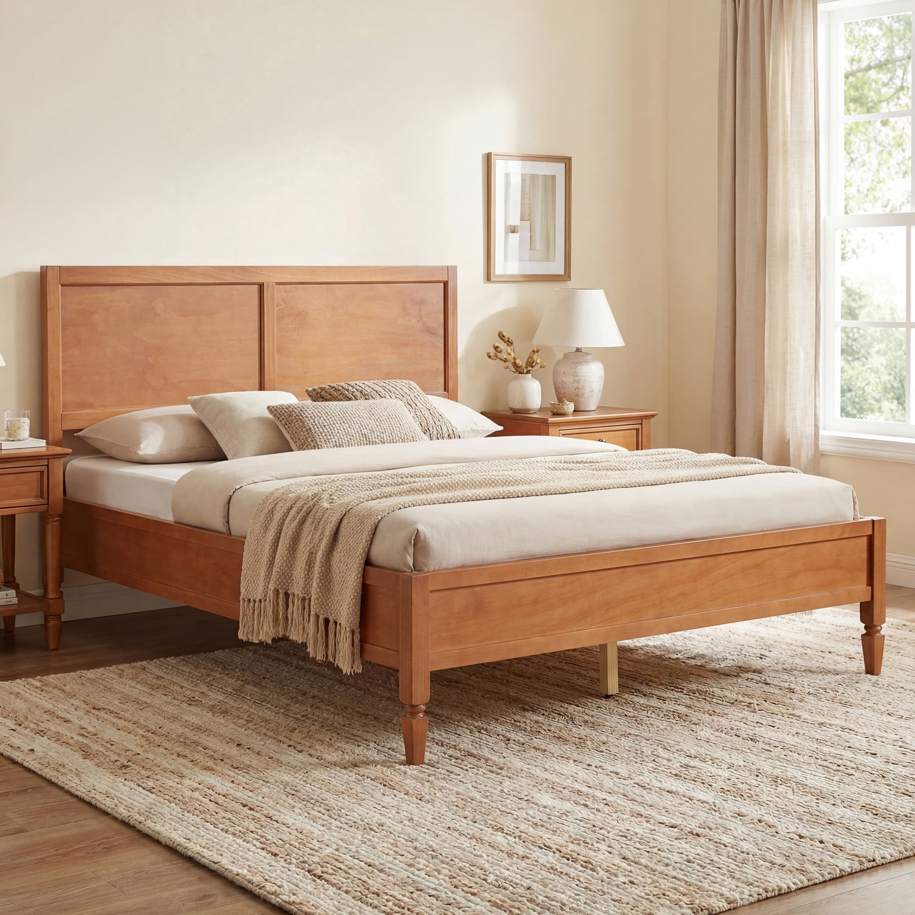 Euroco Wood Queen Size Platform Bed with Panel Headboard, No Box Spring Needed, Brown