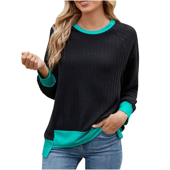 Yokua Women's Loose Long Sleeve Crew Neck Colorblock T-Shirt Casual High-Low Hem Ribbed Knit Top
