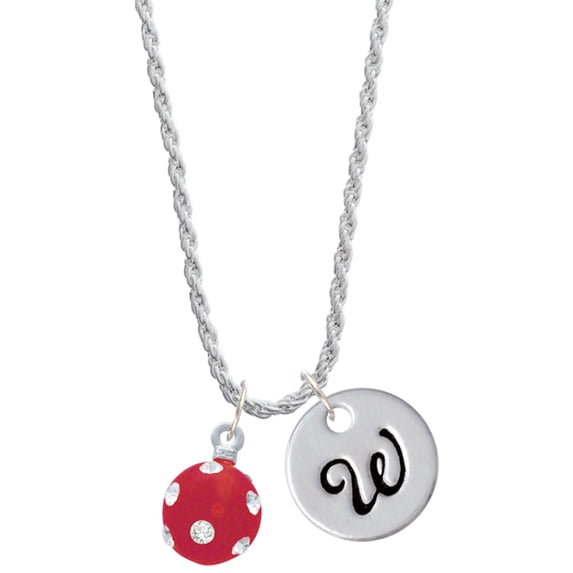 Delight Jewelry Silvertone 3-D Frosted Red Resin Ornament with Crystals Silvertone Script Initial Disc - W - Charm Necklace, 20"+3"