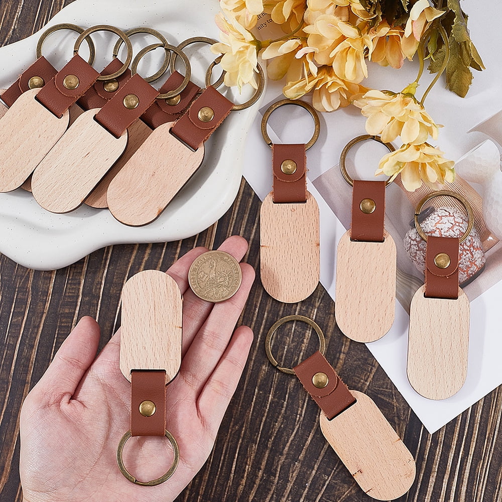 25Pcs Leather Wood Keychains Wood Blank Keychain Bulk Imitation Leather Strap Unfinished Wooden Oval Engraving Pendant Key Chains Tags