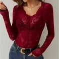 thumbnail image 6 of felwors Women Floral Lace Long Sleeve See-Through Tops Crewneck Low Cut Lined Bust Shirts Slim Chest Tie Bow Crop Blouses Wine, XL, 6 of 8