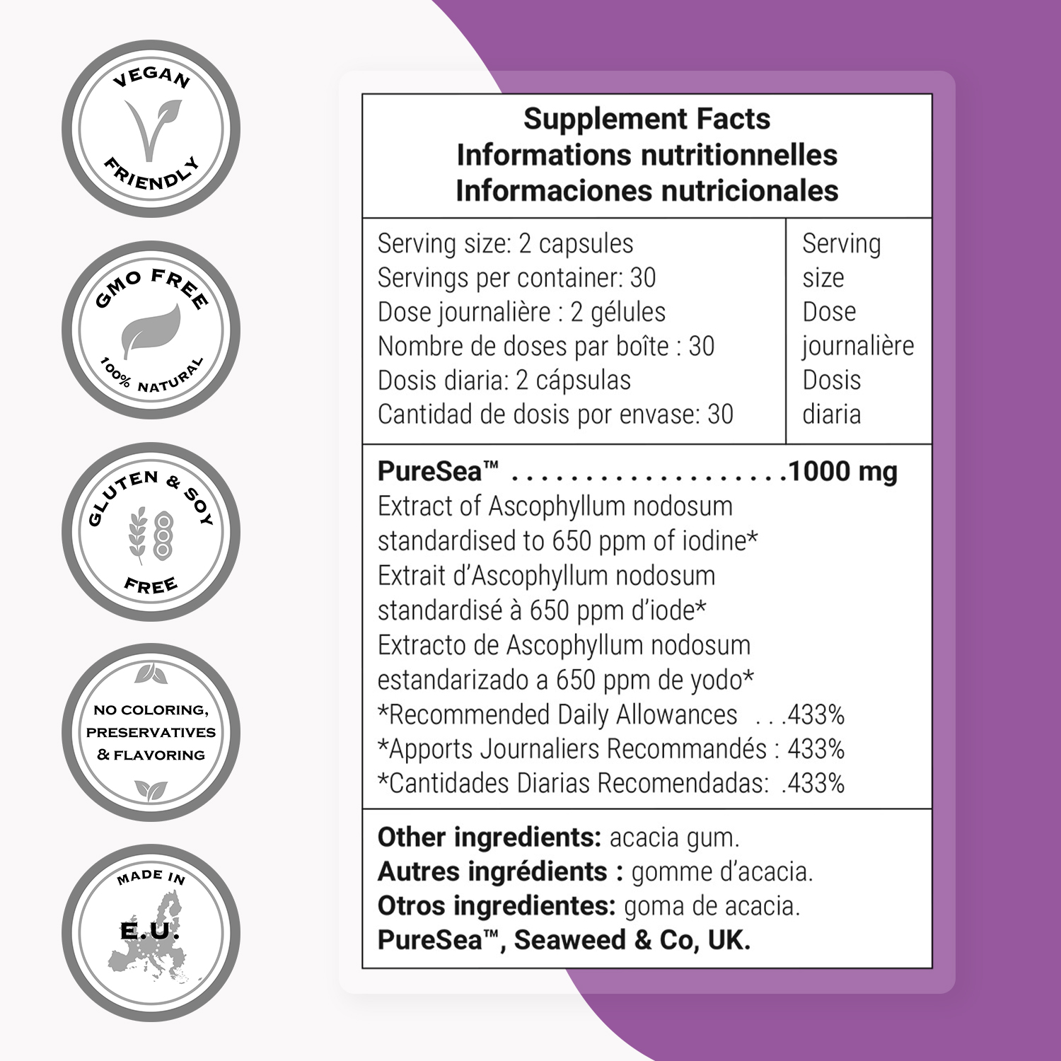 SuperSmart - Natural Iodine 1000mg per Day (Patented & High Strength) - Pure Sea Kelp Iodine Supplement - 650ppm of Iodine | Non-GMO & Gluten Free - 60 Vegetarian Capsules