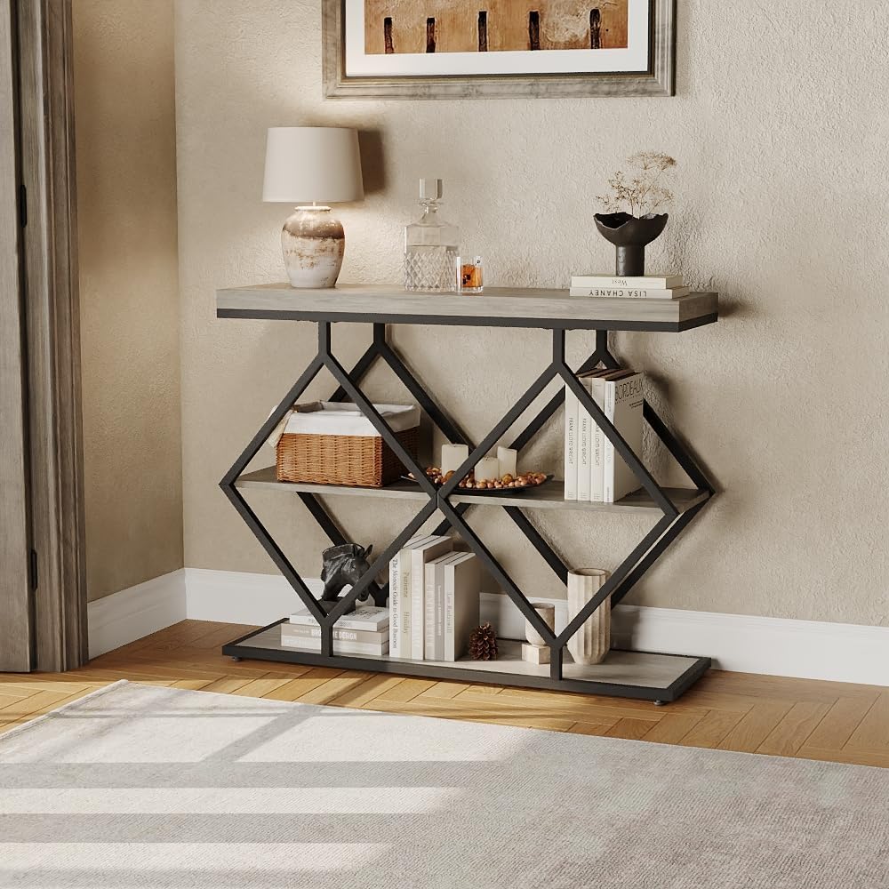 Industrial 3-Tier Entryway Table, Console Sofa Table with Open Shelves, X-Shaped Metal Frame, Foyer Accent Table for Entryway, Hallway