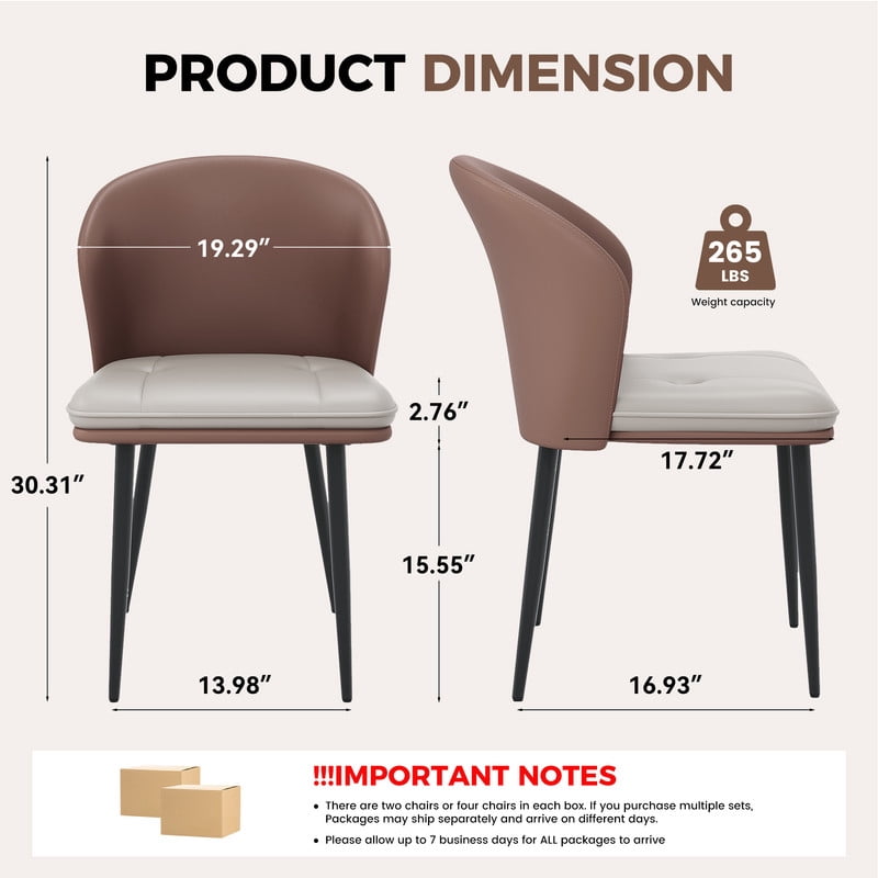 Hawsaiy Faux Leather Dining Chairs Set of 4, Modern Curved Back Upholstered Kitchen Side Chairs with Metal Legs, Brown