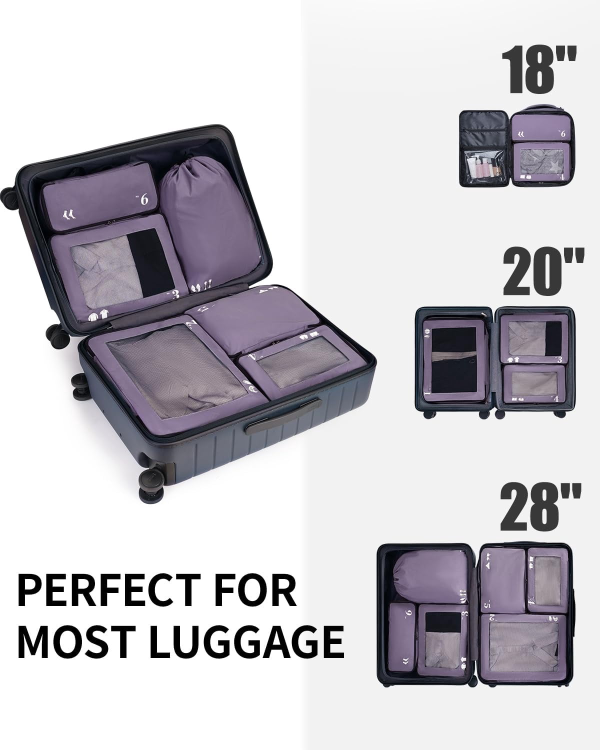 7 Pcs Packing Cubes for Travel Organizer Tear-Resistant with Number Icon Handle Storage Bags for Carry on Bag for Clothes Shoes, Purple