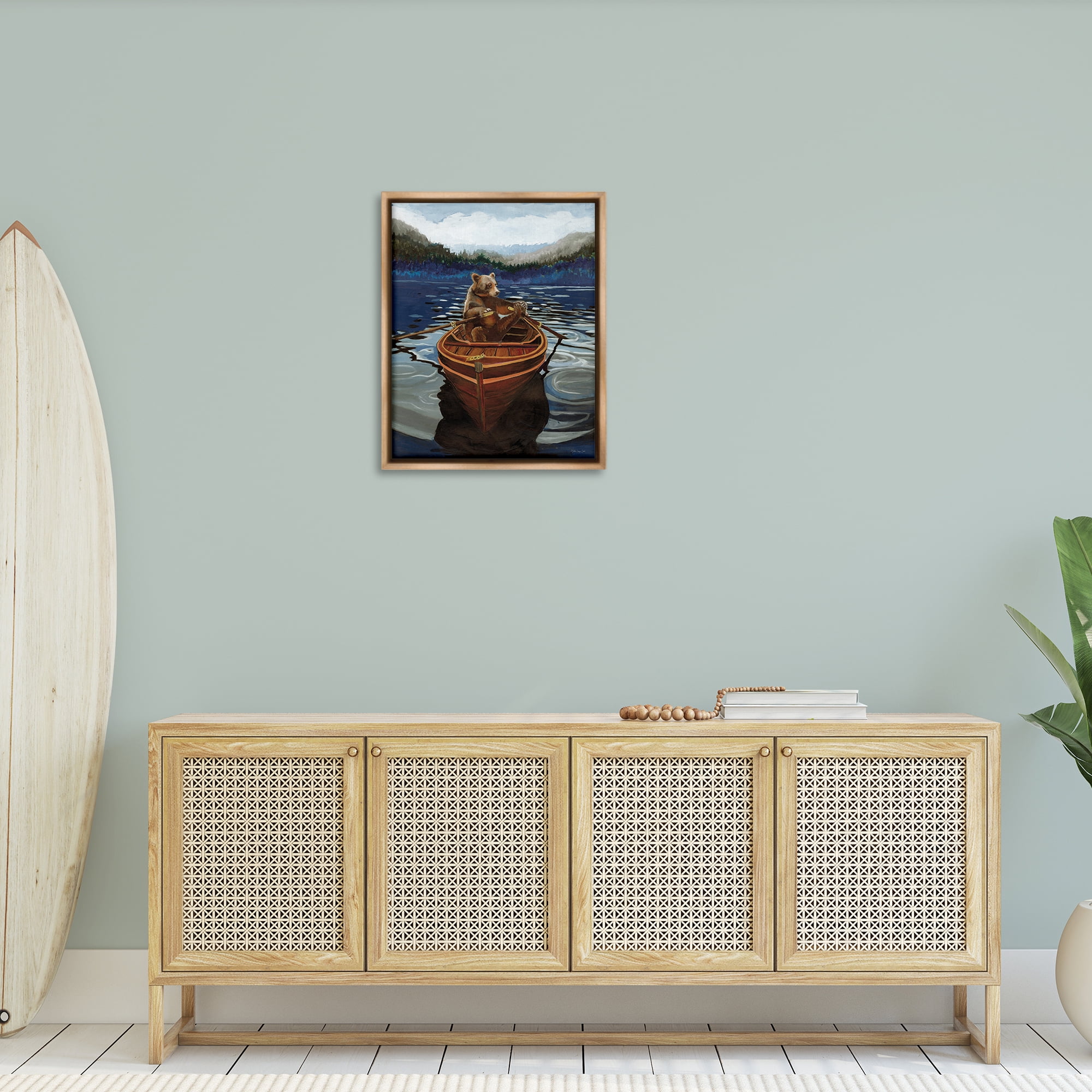 Stupell Industries Brown Bear on Row Boat Animals Painting Brown Floater Framed Canvas Art Print Wall Art, 25 x 31