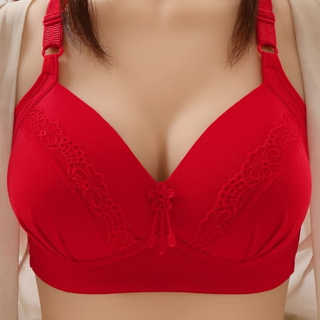 ELABCH Bras for Women Sexy Lace Push Up Bra Wireless Support Padded Bra Adjustable Straps Basic Soft Breathable Everyday Bras with Extension Button Red 52C