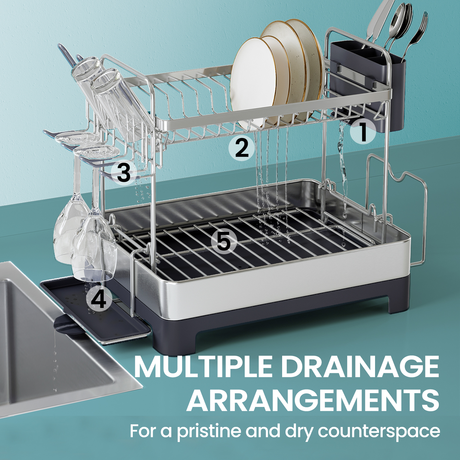 LEDREM 2-Tier Stainless Steel Dish Rack - Space Saving Design with Rotating Spout, Complete Drying System, Utensil & Glass Holders, Silver and Gray