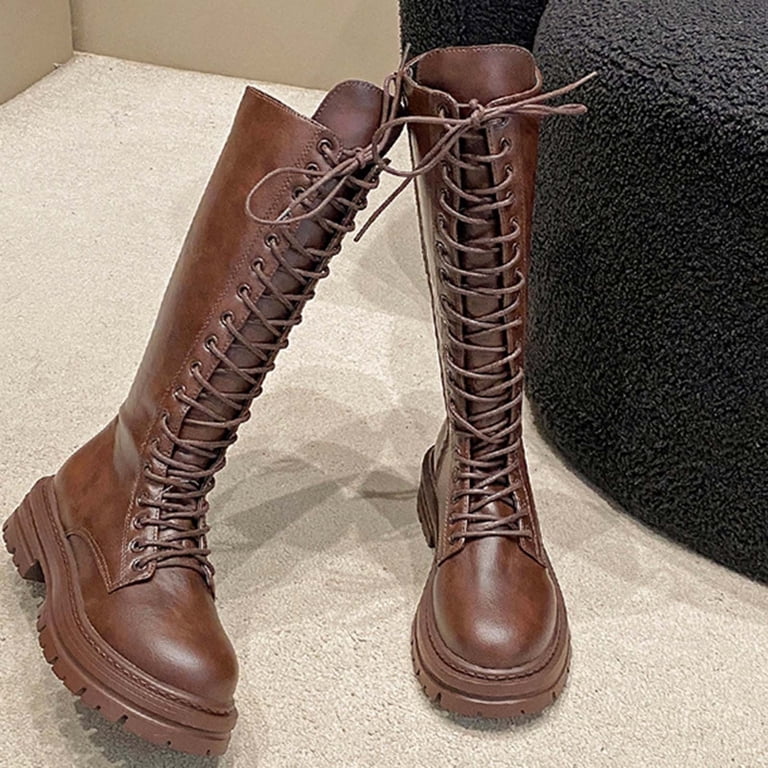 Hinvhai Womens Lace Up Knee High Boots Combat Chunky Low  display picture 3
