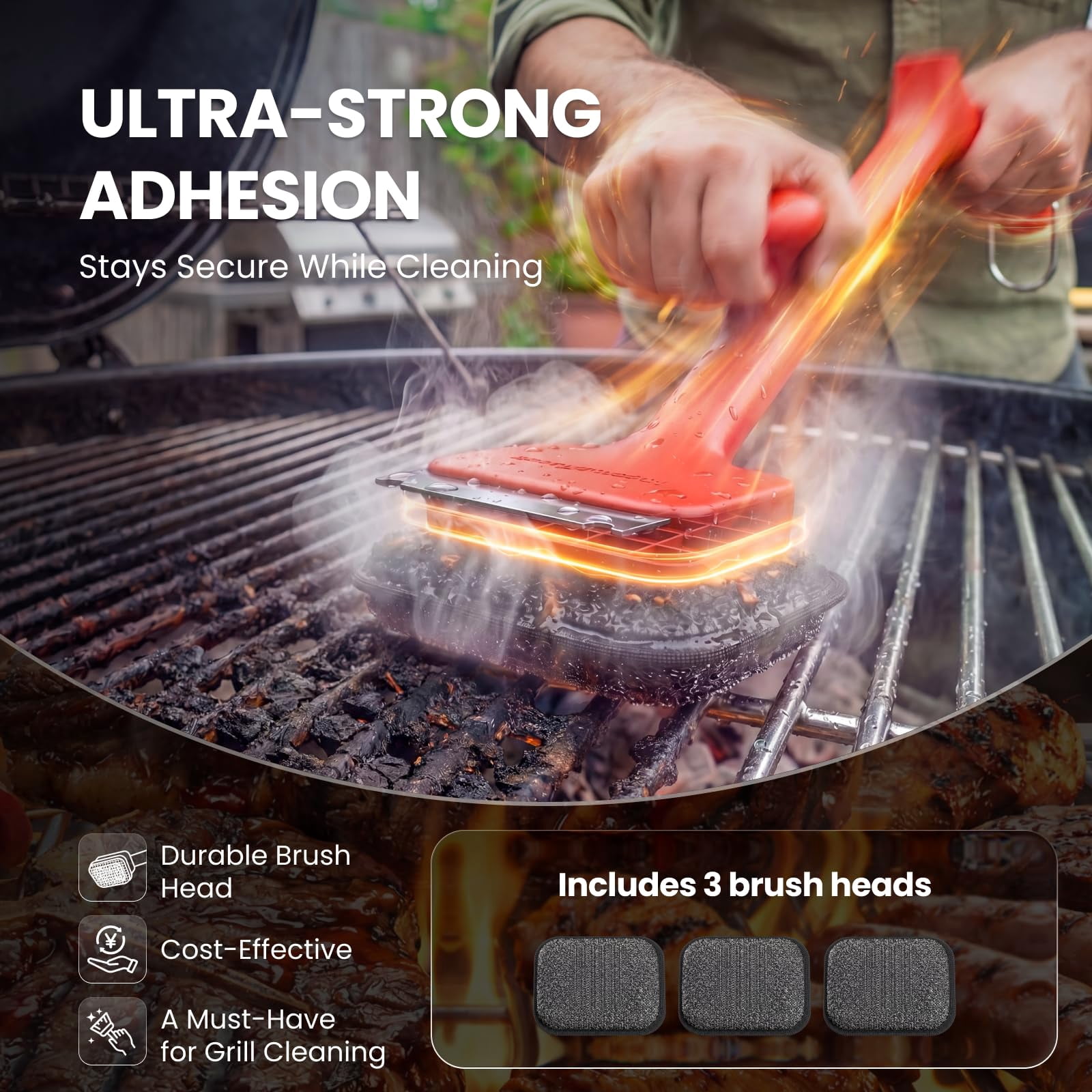 Bristle-free BBQ Grill Brush - 17" Cool-touch Handle, Scraper & 3 Replaceable Heads for Gas Charcoal Cast Iron