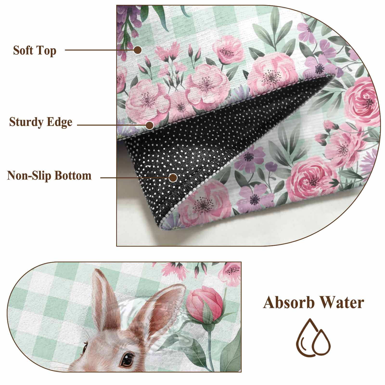 Easter Bunny Roses Round Area Rug 4Ft Washable Circle Rugs for Bedroom Dining Room, Pink Floral Spring Green Buffalo Plaid Non-Slip Carpet Floor Mats Indoor Outdoor Carpet Runner Aesthetic Home Decor
