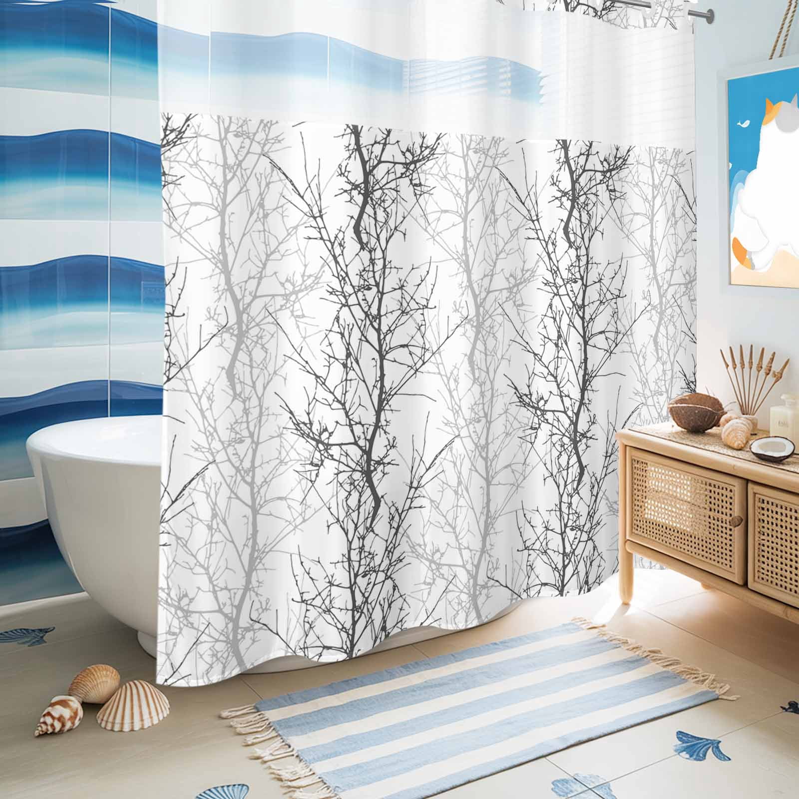 No Hook Shower Curtain, Black Gray Waterproof Fabric Shower Curtains for Bathroom, Pastoral Botanical Branch Aesthetics Standard Bathroom Curtain with Mesh Top Window for Home Hotel Bathtub 72"x72"