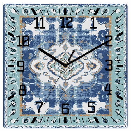 Blue Boho Wooden Wall Clock Silent Non Ticking, Farmhouse Bohemian Medallion Oriental Flower Square Wall Clocks Battery Operated, Decor Clock for Home Office, Living Room, Kitchen, 12 Inch