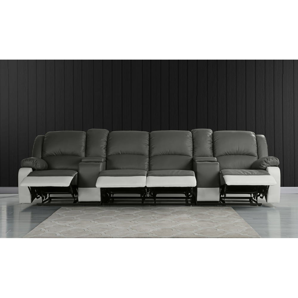 Home Theater 4 Seat Recliner Sofa with Cup Holders, Grey/White