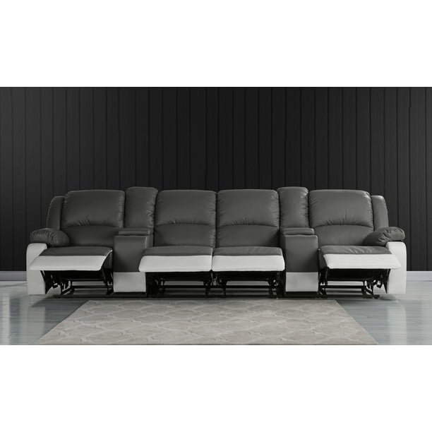Home Theater 4 Seat Recliner Sofa with Cup Holders, Grey/White
