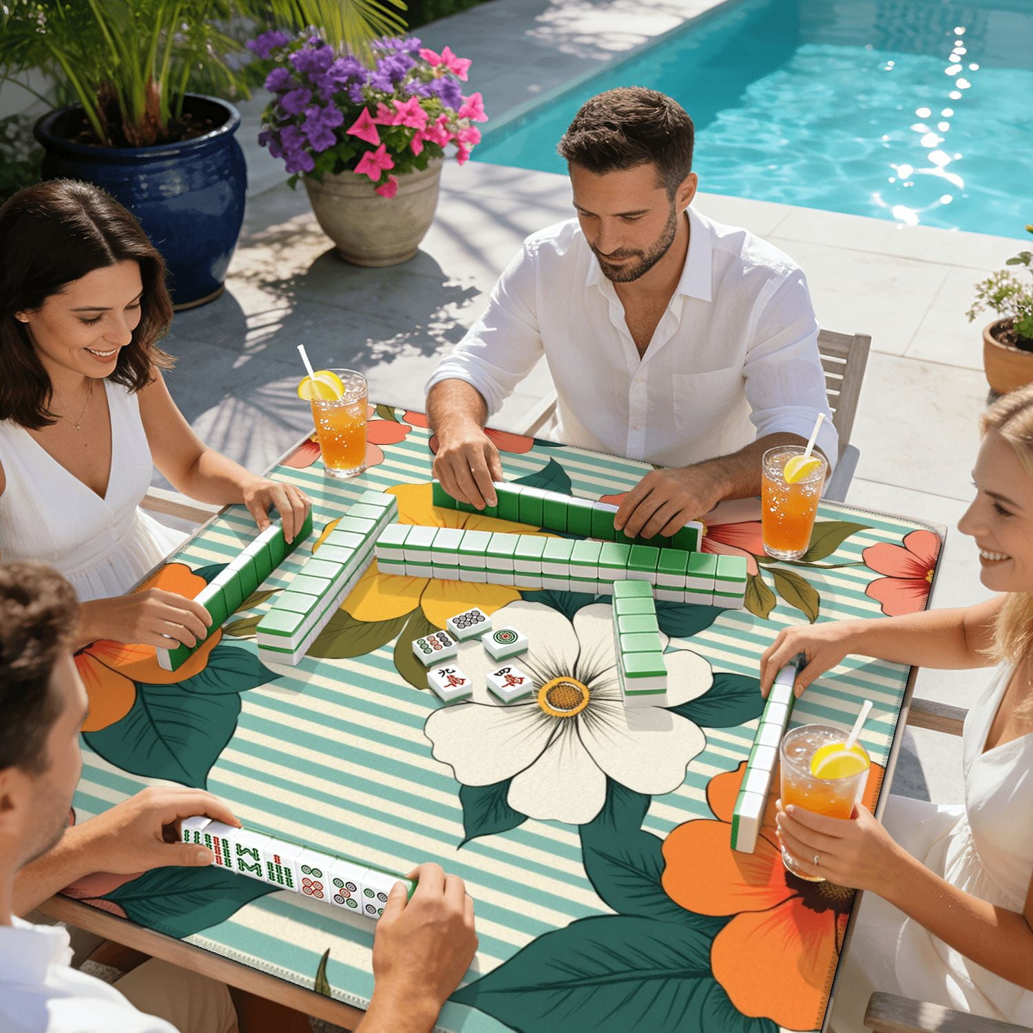 Mahjong Mat 31.5" x 31.5" Bright Floral Orange Yellow White Flowers Striped Non-Slip Noise Reduction American Mahjong Tiles Table Cover for Dominoes Poker Card Board Games Gift