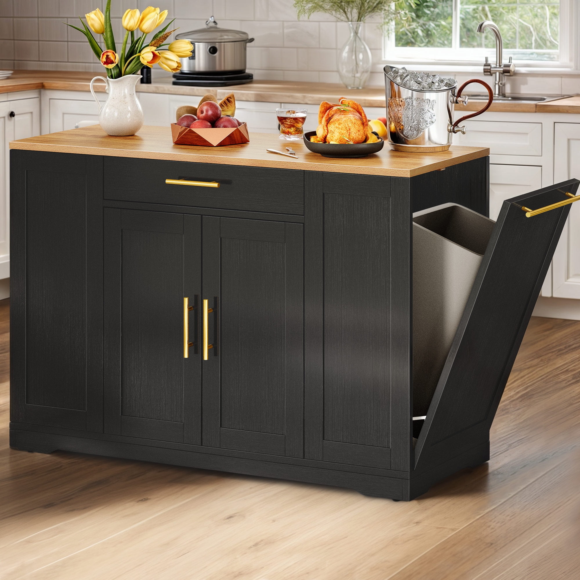 Uforic Rolling Kitchen Island with Wheels & Drawers, Kitchen Storage Cart with Storage Cabinet for 13-Gallon Trash Bin, Black