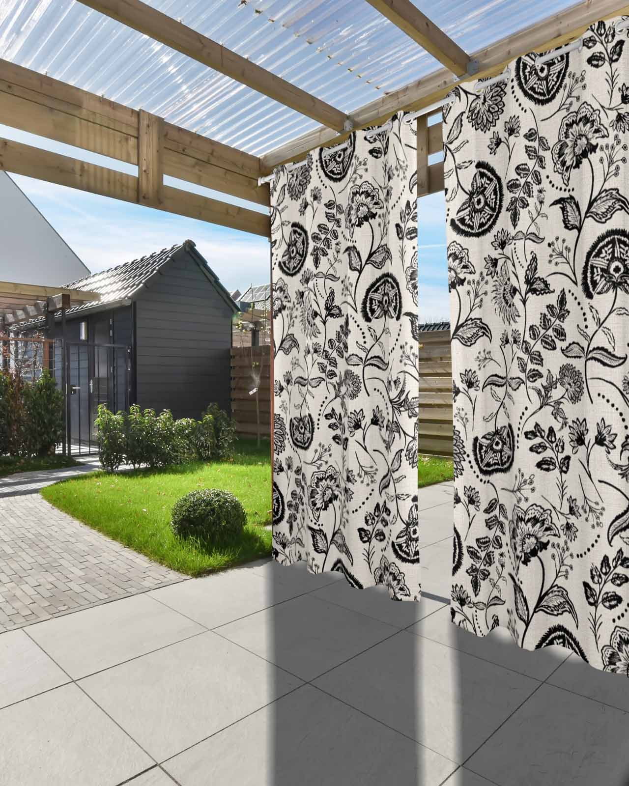 Outdoor Curtains for Patio, Black Spring Floral Waterproof Blackout Outside Curtain for Porch/Pergola/Gazebo, Summer Botanical Farmhouse Vintage Thermal Insulated Drapes, 1 Panel, 54 x 84 Inch