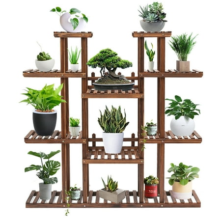 7-Tier AUDEW Wooden Flower Stand Rolling Flower Plant Display Stand Shelf Ladder Stand for Living Room Balcony Patio Yard Indoors & Outdoors Ample for 17 (Best Indoor Plant Stands)