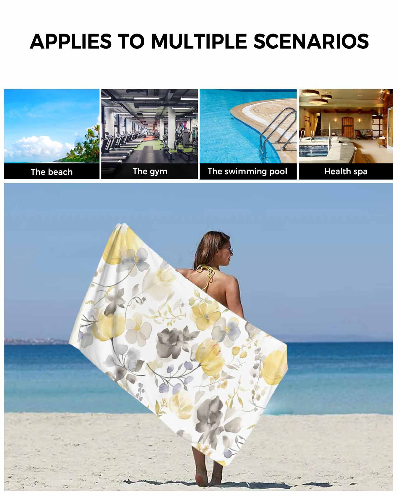 Yellow Grey Botanical Towel Set of 3, Soft Microfiber Bath Towels, Hand Towel, Washcloths, Spring Floral Watercolor Quick-Dry Absorbent Towels for Bathroom Kitchen Hotel Beach Gym Spa